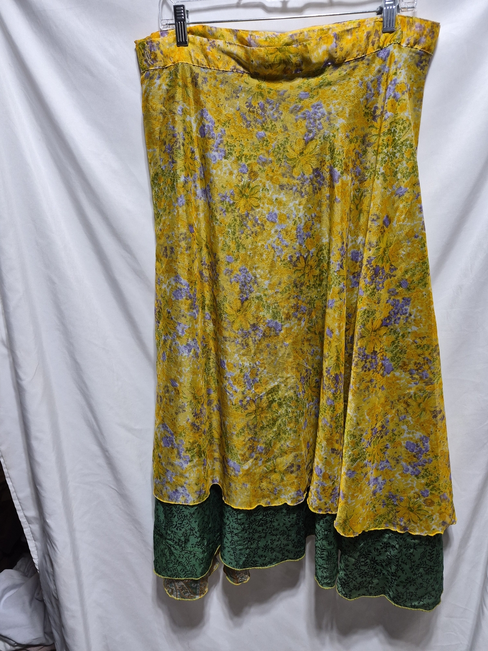 WEVEZ Silk Wrap Maxi Skirt XL Floral Boho Mixed Print Yellow Green - Picture 2 of 6